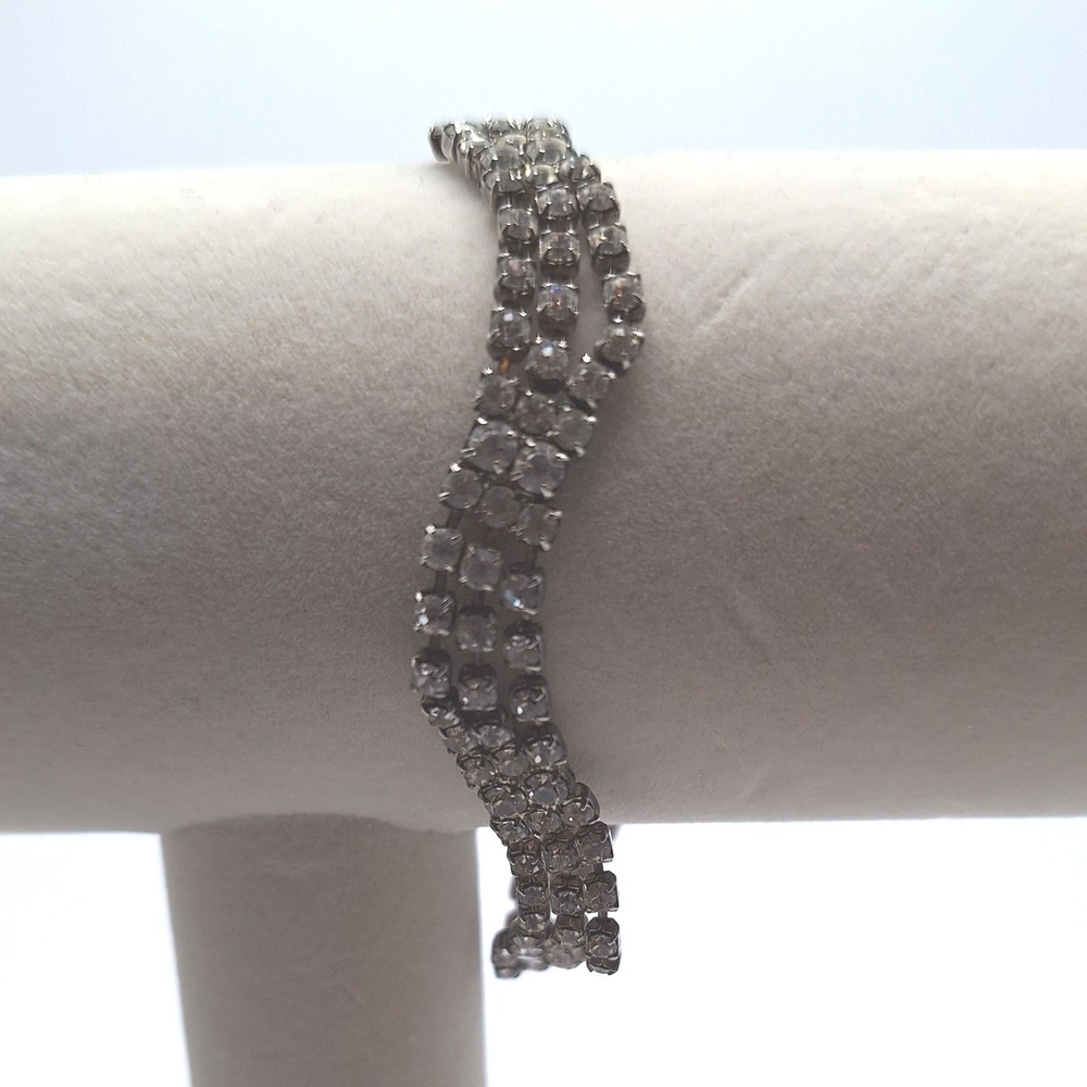 Vintage rhinestone wave tennis bracelet triple row Mid Century Hollywood Glam